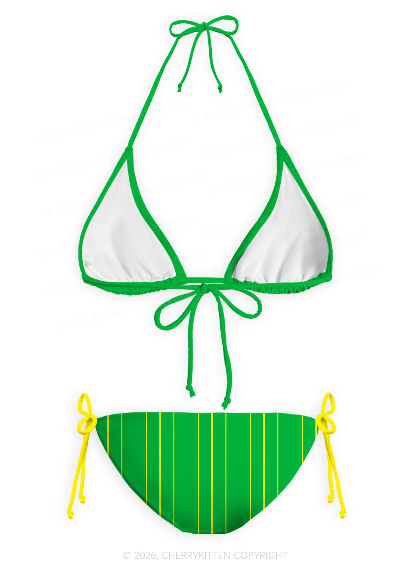 Green Yellow Vertical Stripe Y2K Print Bikini Set Cherrykitten