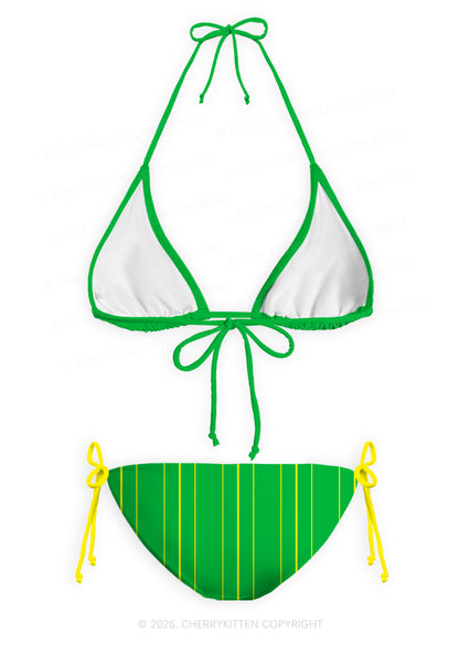 Green Yellow Vertical Stripe Y2K Print Bikini Set Cherrykitten