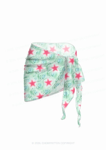 Mint Green Rose Pink Star Y2K Print Bikini Set Cherrykitten
