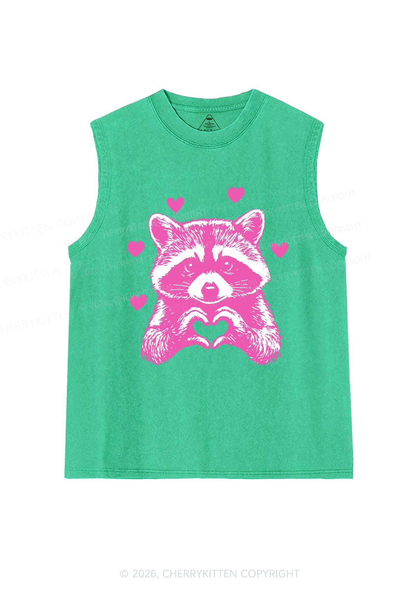 Pink Raccoon Heart Valentine's Day Y2K Washed Muscle Tank Cherrykitten