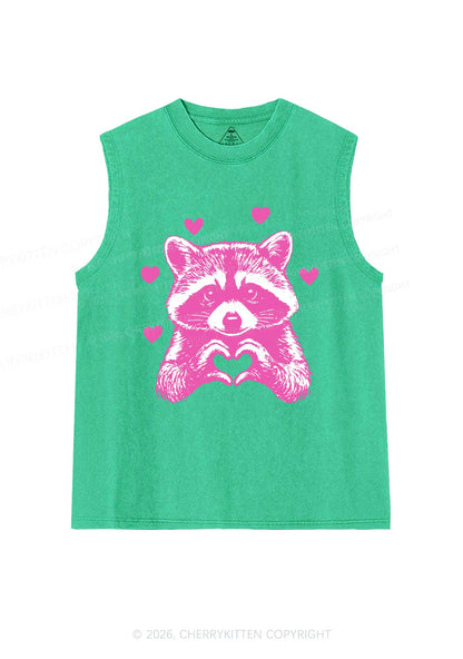 Pink Raccoon Heart Valentine's Day Y2K Washed Muscle Tank Cherrykitten