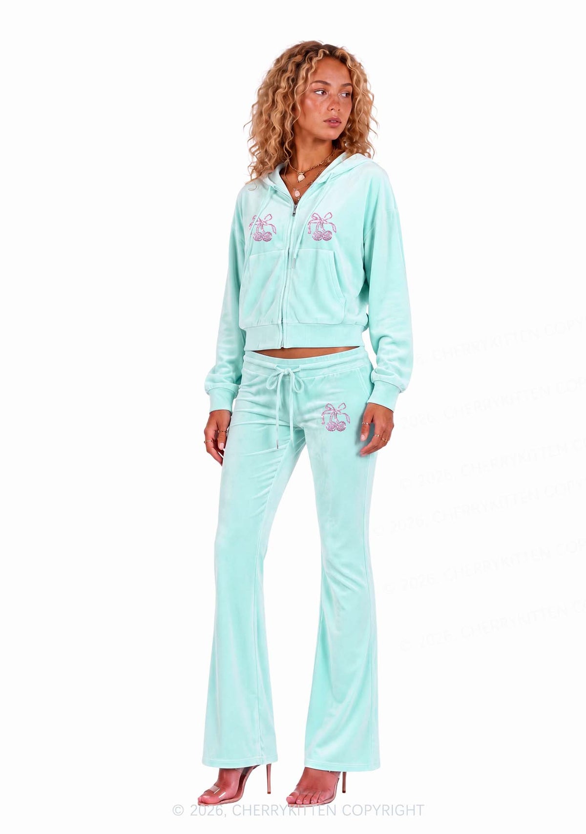 Rhinestone Pink Cherry Y2K Velvet Tracksuit Set Cherrykitten