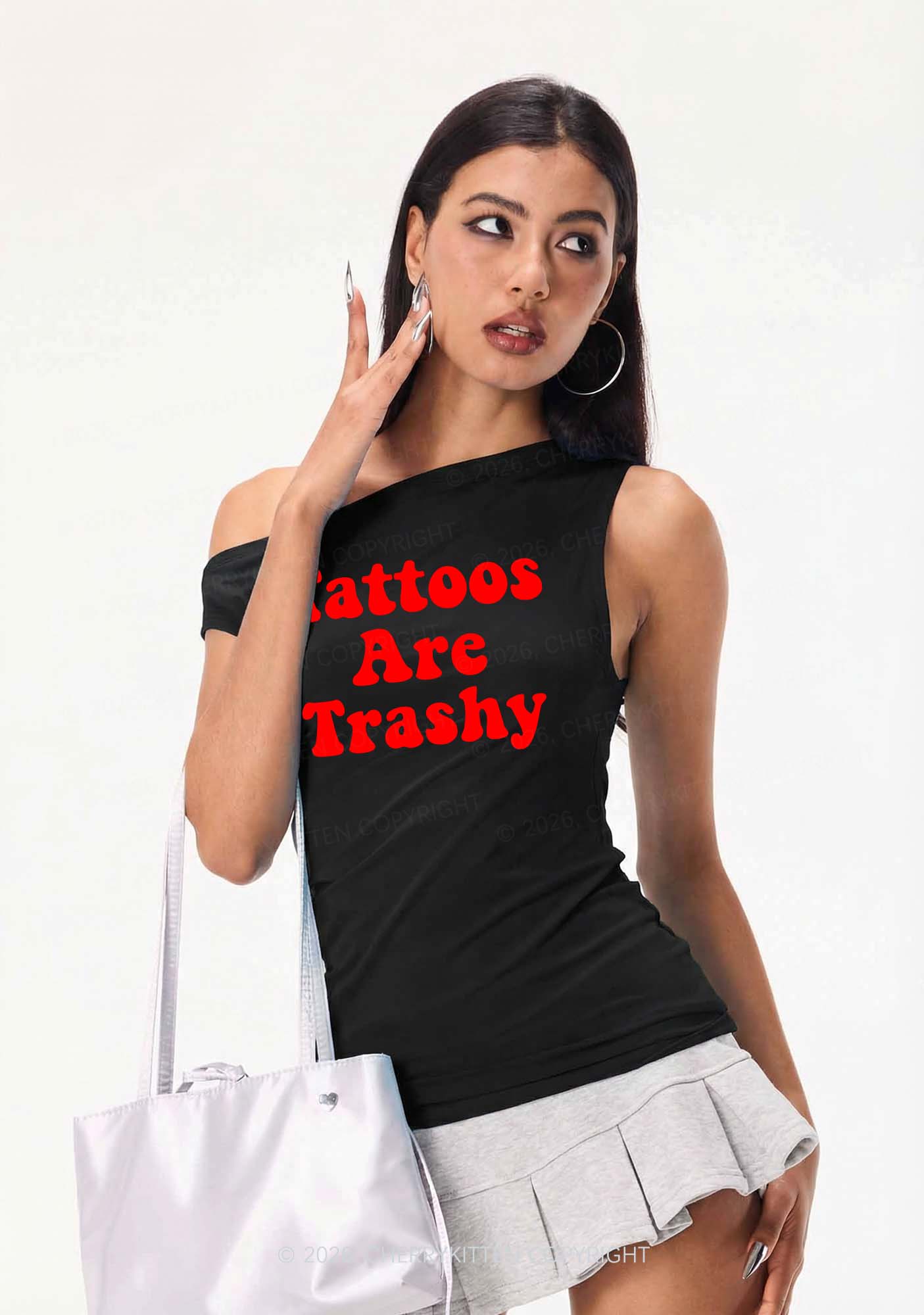 Tattoos Are Trashy Y2K Off Shoulder Tank Top Cherrykitten