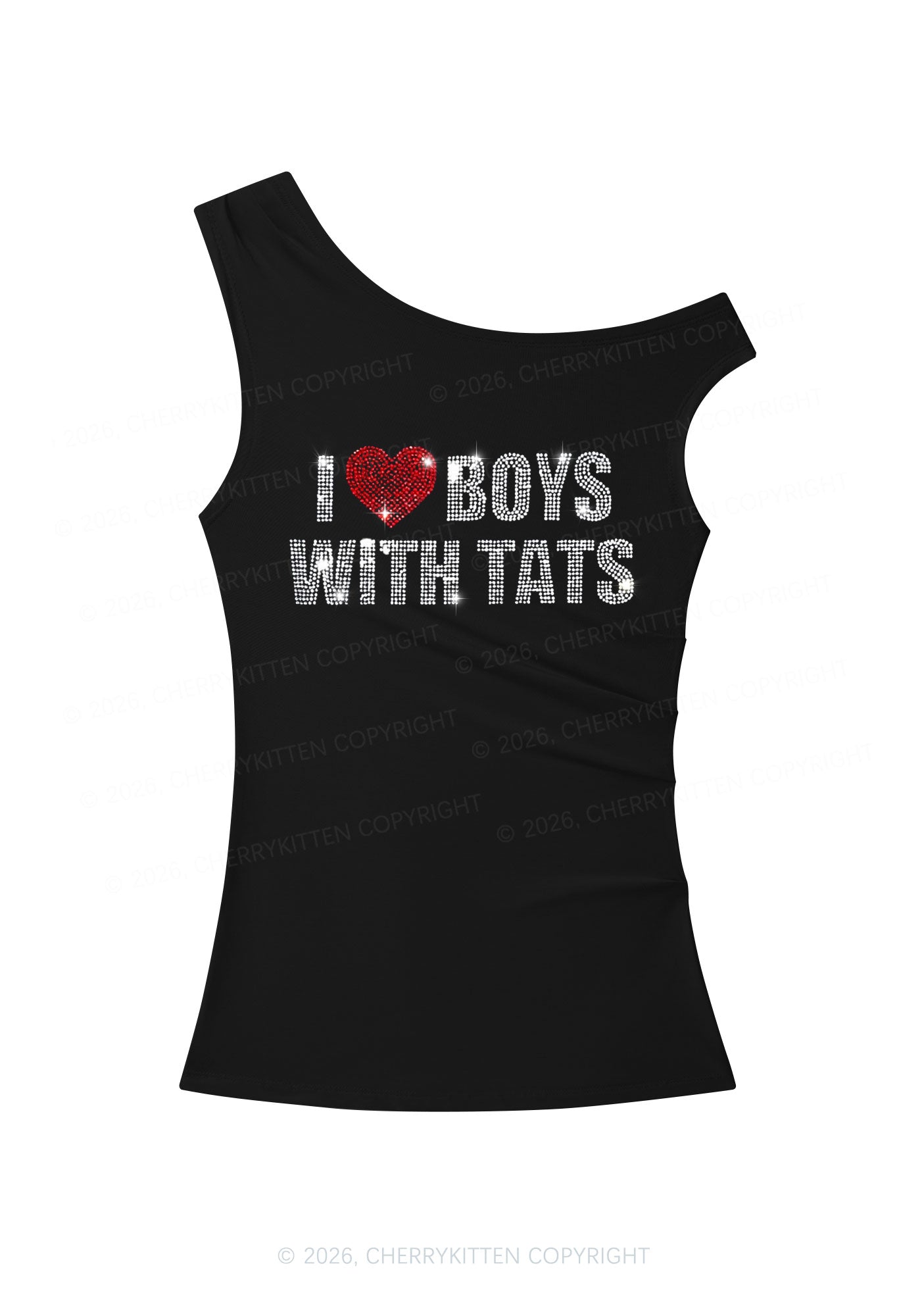 Rhinestone I Love Boys With Tats Y2K Off Shoulder Tank Top Cherrykitten