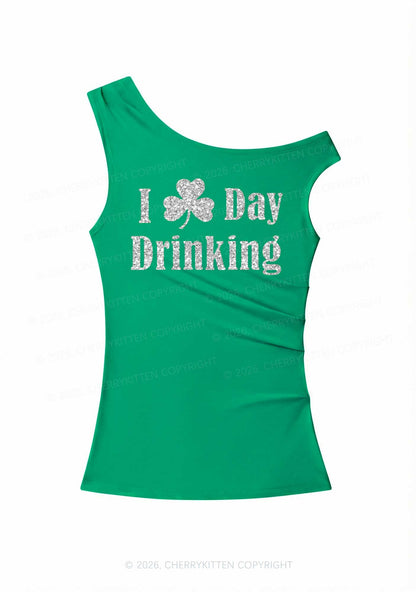 Glitter I Love Day Drinking St Patricks Y2K Off Shoulder Tank Top Cherrykitten