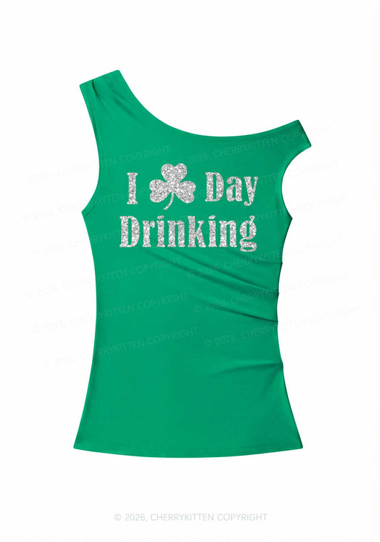 Glitter I Love Day Drinking St Patricks Y2K Off Shoulder Tank Top Cherrykitten