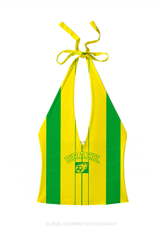 Green Yellow Vertical Stripe Y2K Print Halter Deep V Neck Cami Cherrykitten