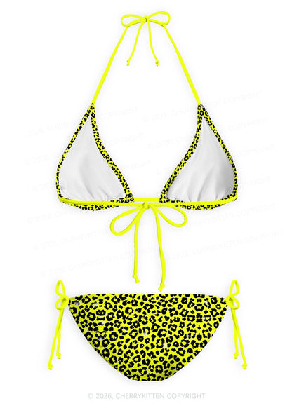 Lime Yellow Leopard Y2K Print Bikini Set Cherrykitten