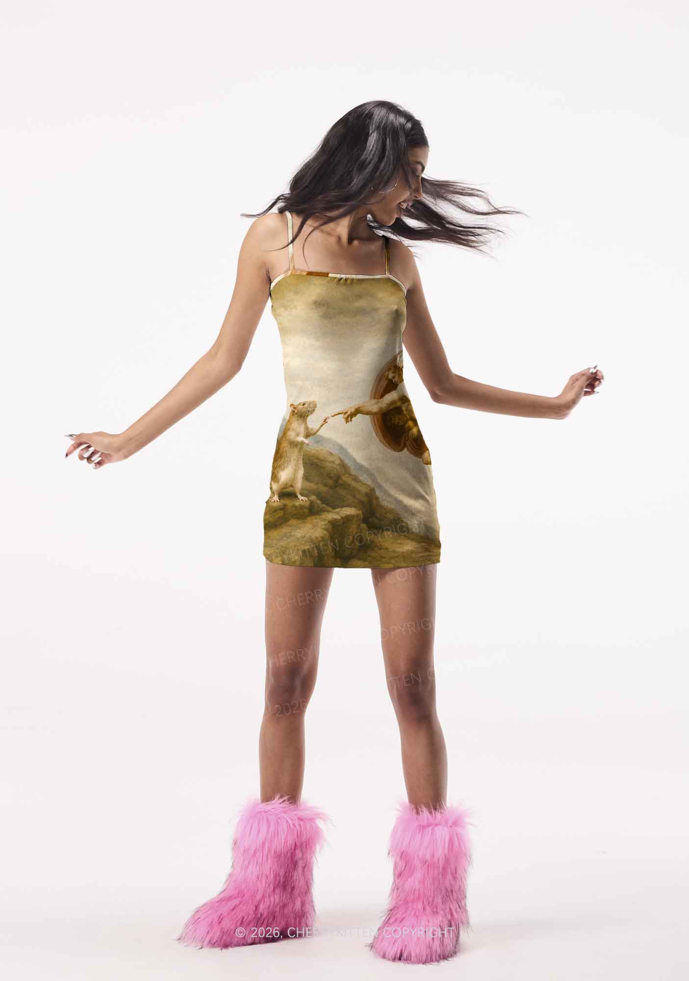 God Hand Touching Rat Y2K Print Slip Dress Cherrykitten
