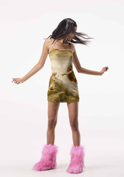 God Hand Touching Rat Y2K Print Slip Dress Cherrykitten