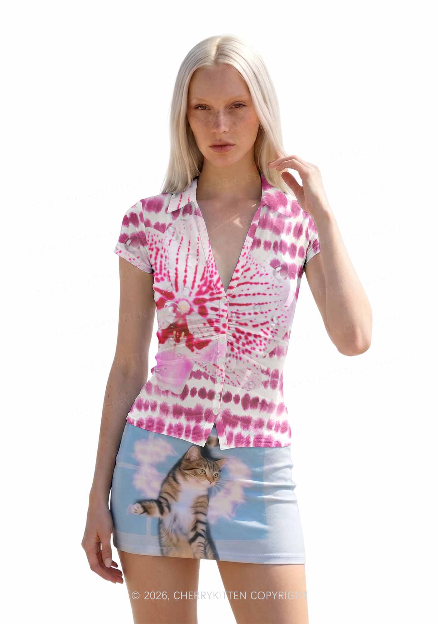 Pink Orchid Dewdrops Y2K Mesh Ruched  Waist  V Neck Top Cherrykitten