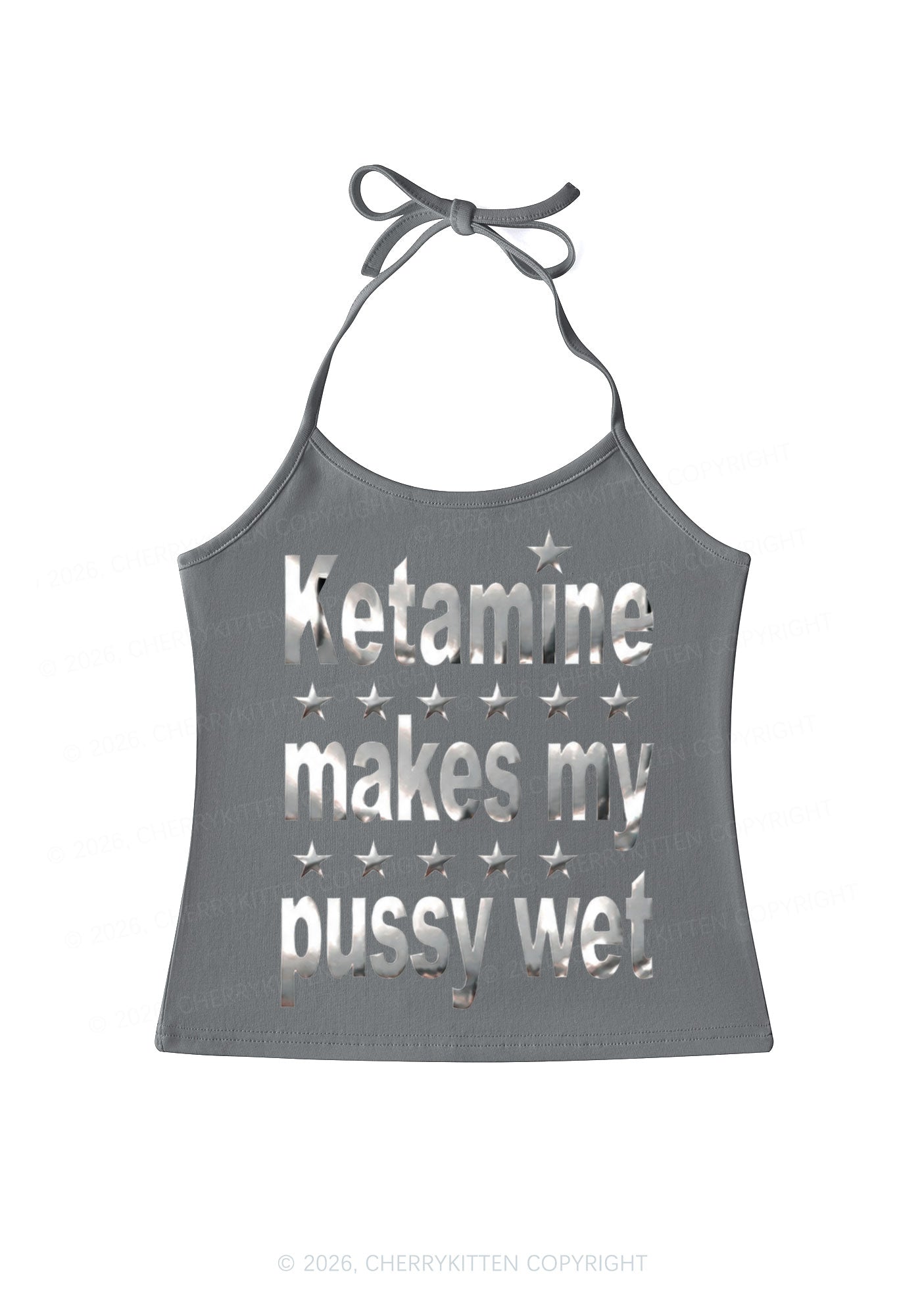 K Makes My Puxxy Wet Silver Foil Printed Y2K Halter Neck Cami Cherrykitten