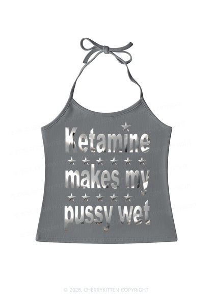 K Makes My Puxxy Wet Silver Foil Printed Y2K Halter Neck Cami Cherrykitten