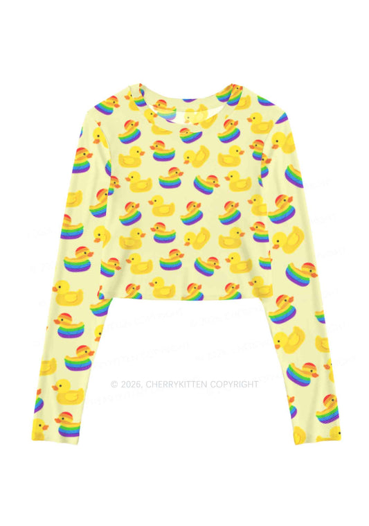 Rainbow Ducks Pride Y2K Mesh Long Sleeve Crop Top Cherrykitten