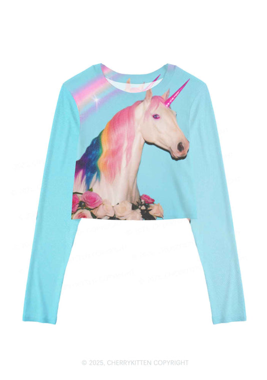 Colorful Unicorn Y2K Mesh Long Sleeve Crop Top Cherrykitten