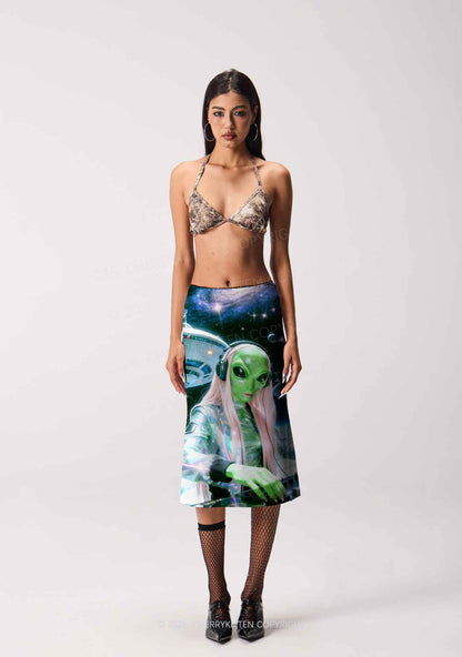 Space Alien DJ Y2K Print Midi Skirt Cherrykitten