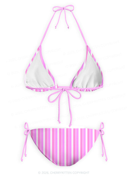 Pink Vertical Stripe Y2K Print Bikini Set Cherrykitten