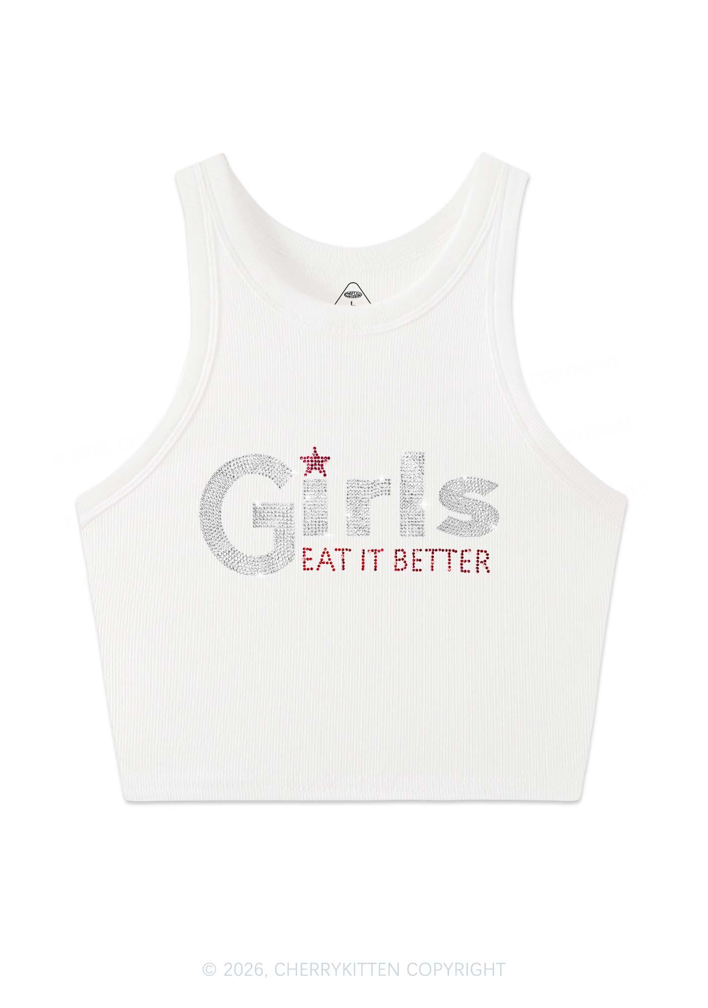 Rhinestone Girls Eat It Better Pride Y2K Crop Tank Top Cherrykitten
