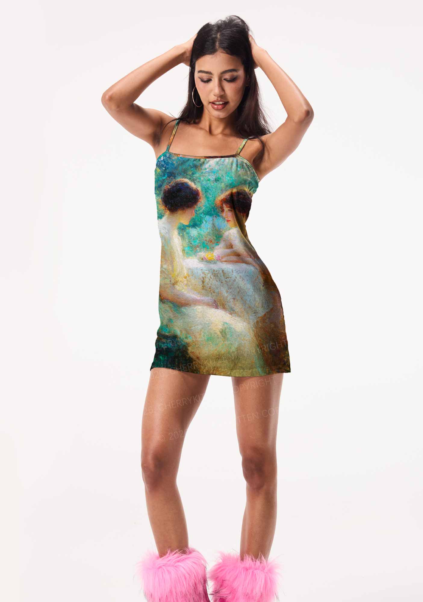 Garden Tea Scene Art Pride Y2K Print Slip Dress Cherrykitten