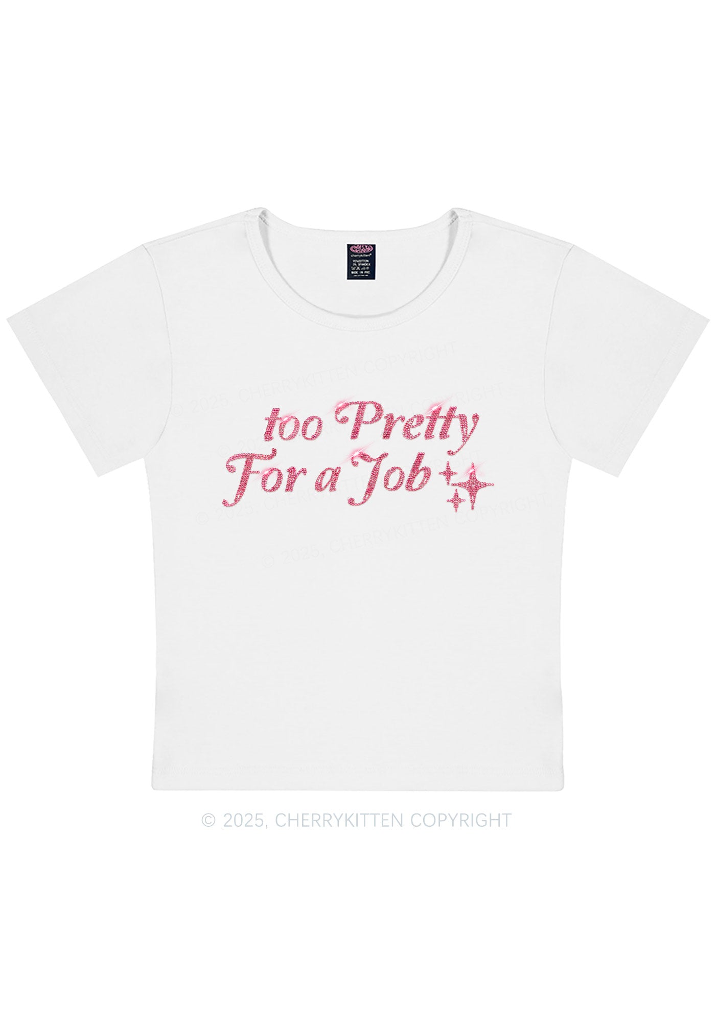 Rhinestone Too Pretty For Job Y2K Baby Tee Cherrykitten