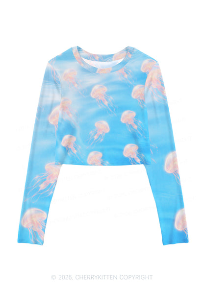 Pink Jellyfish Underwater Y2K Mesh Long Sleeve Crop Top Cherrykitten