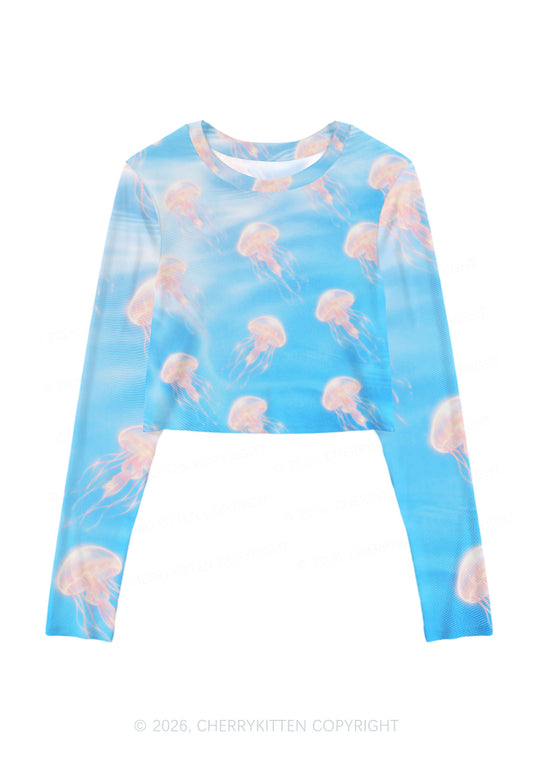 Pink Jellyfish Underwater Y2K Mesh Long Sleeve Crop Top Cherrykitten