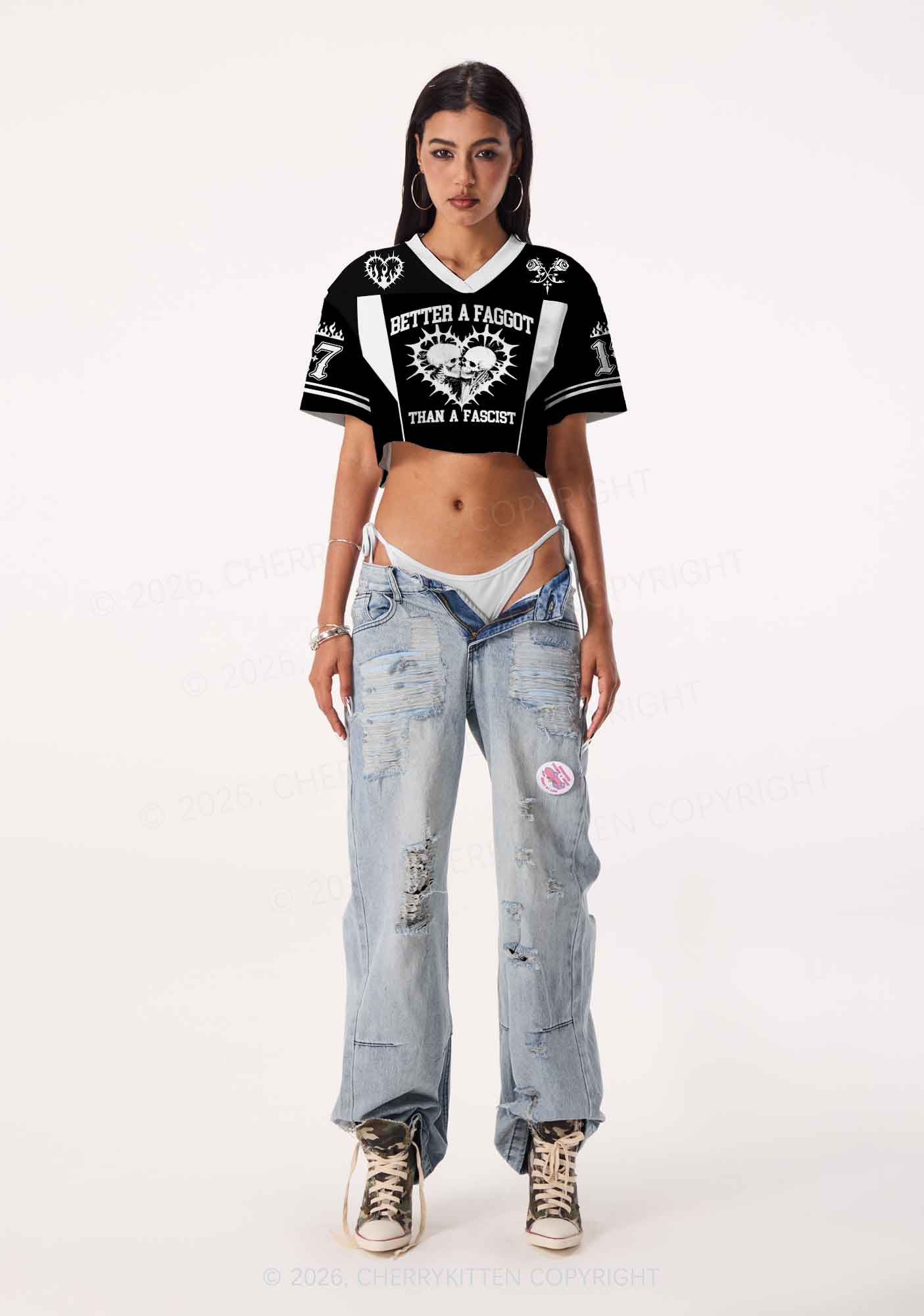 Better A Faggot Than A Fascist Pride Y2K Crop Sport Jersey Shirts Cherrykitten