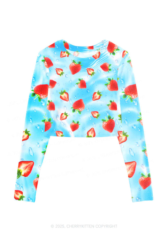 Blue Strawberry Y2K Mesh Long Sleeve Crop Top Cherrykitten