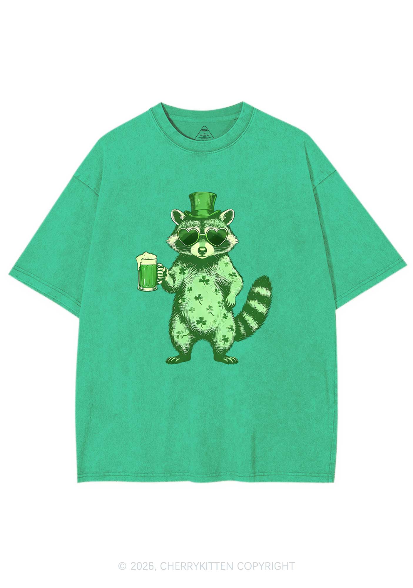 Green Feral Raccoon St Patricks Y2K Shirts Washed Tee Cherrykitten
