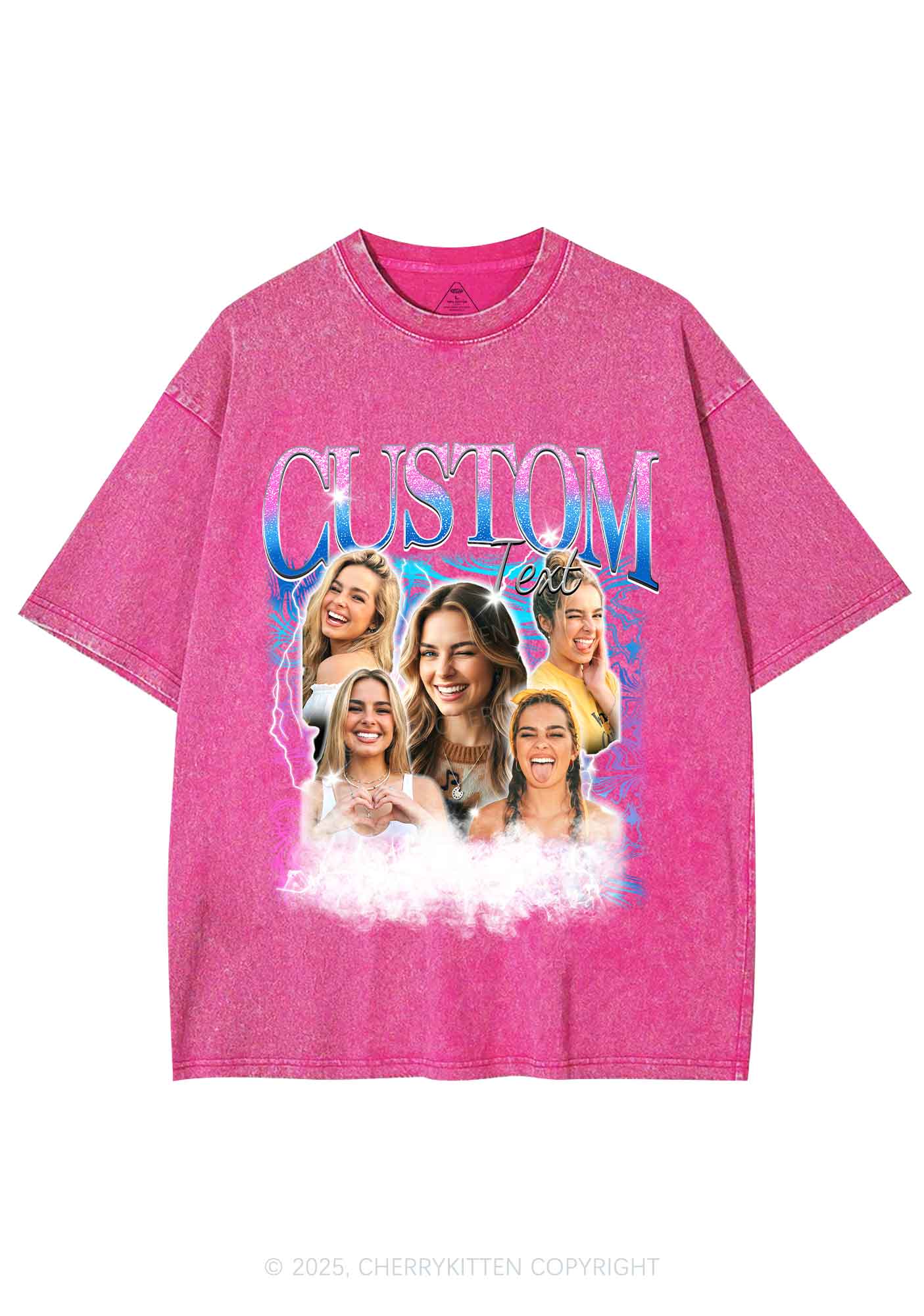 Custom Portrait Glitter Text Y2K Shirts Washed Tee Cherrykitten