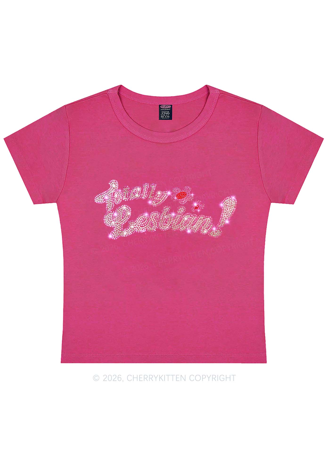 Rhinestone Totally Lesbian Pride Y2K Baby Tee Cherrykitten