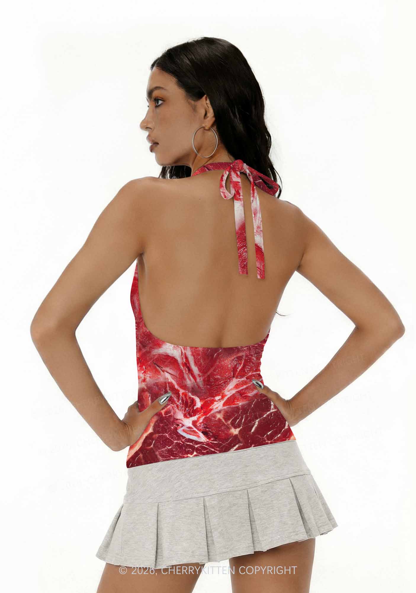 Beef Steak Texture Y2K Print Halter Deep V Neck Cami Cherrykitten