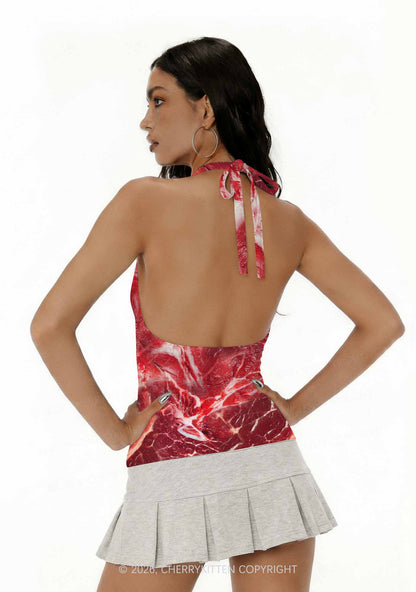 Beef Steak Texture Y2K Print Halter Deep V Neck Cami Cherrykitten