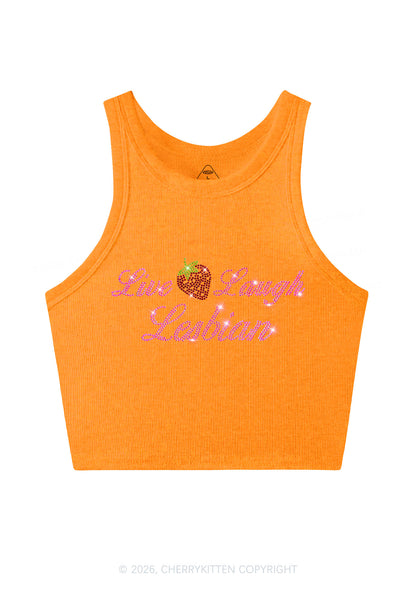 Rhinestone Live Laugh Lesbian Strawberry Pride Y2K Crop Tank Top Cherrykitten
