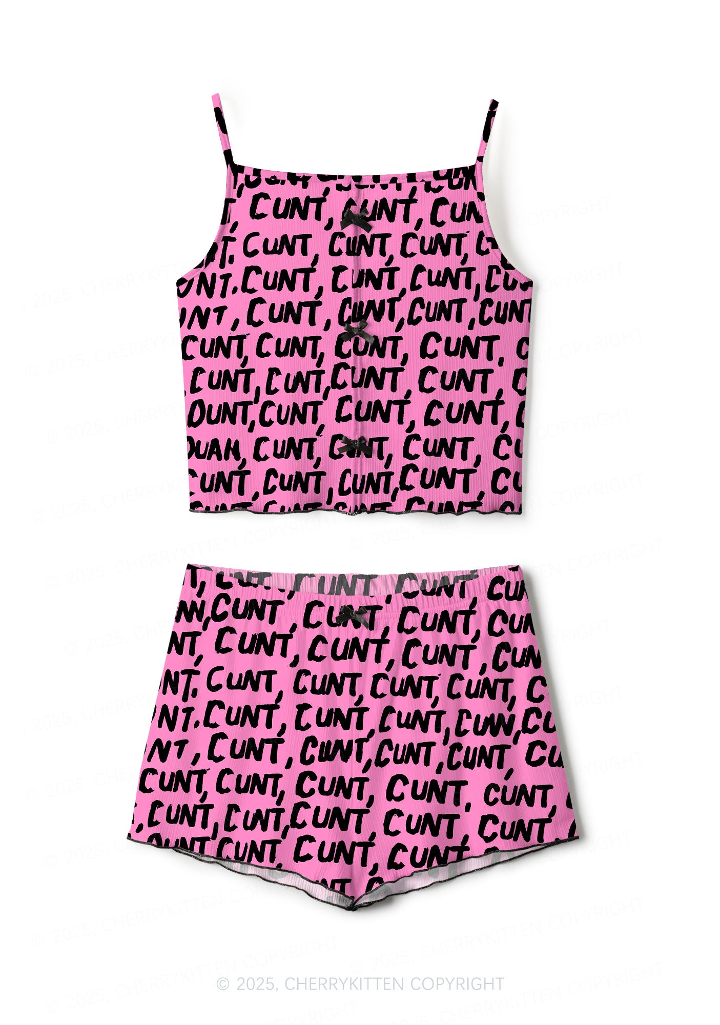 Black Cxxt On Pink Valentine's Day Y2K Print Cami Shorts Pajama Set Cherrykitten
