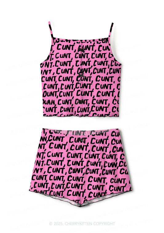 Black Cxxt On Pink Valentine's Day Y2K Print Cami Shorts Pajama Set Cherrykitten