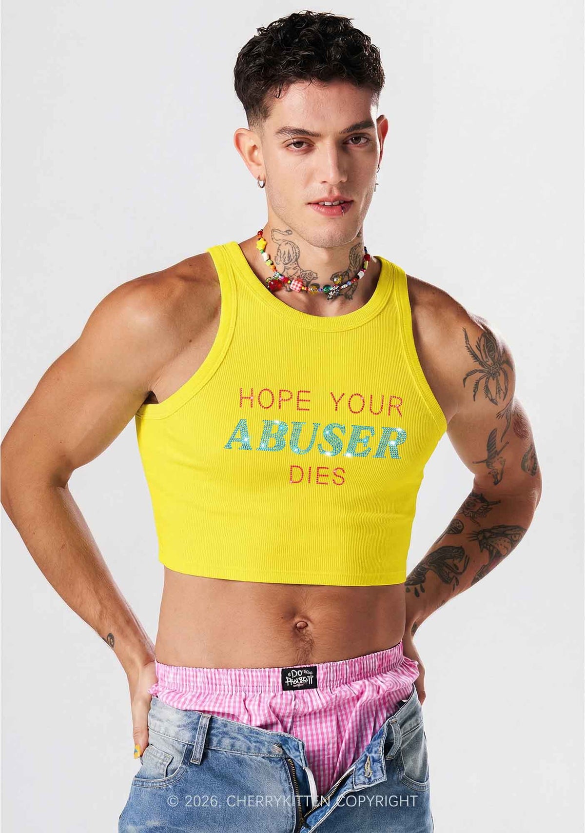 Rhinestone Hope Your Abuser Dies Y2K Crop Tank Top Cherrykitten