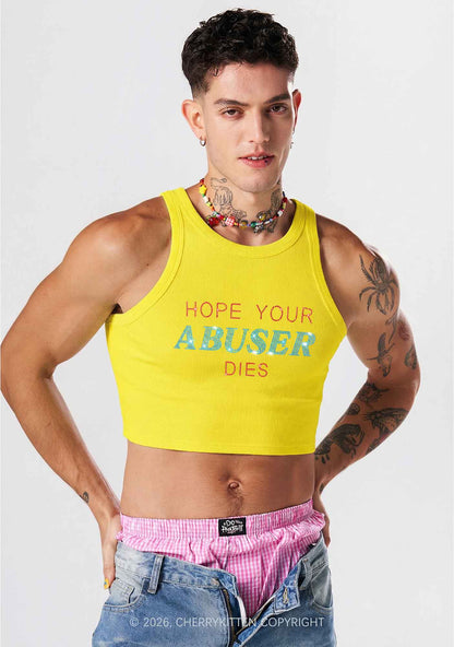 Rhinestone Hope Your Abuser Dies Y2K Crop Tank Top Cherrykitten