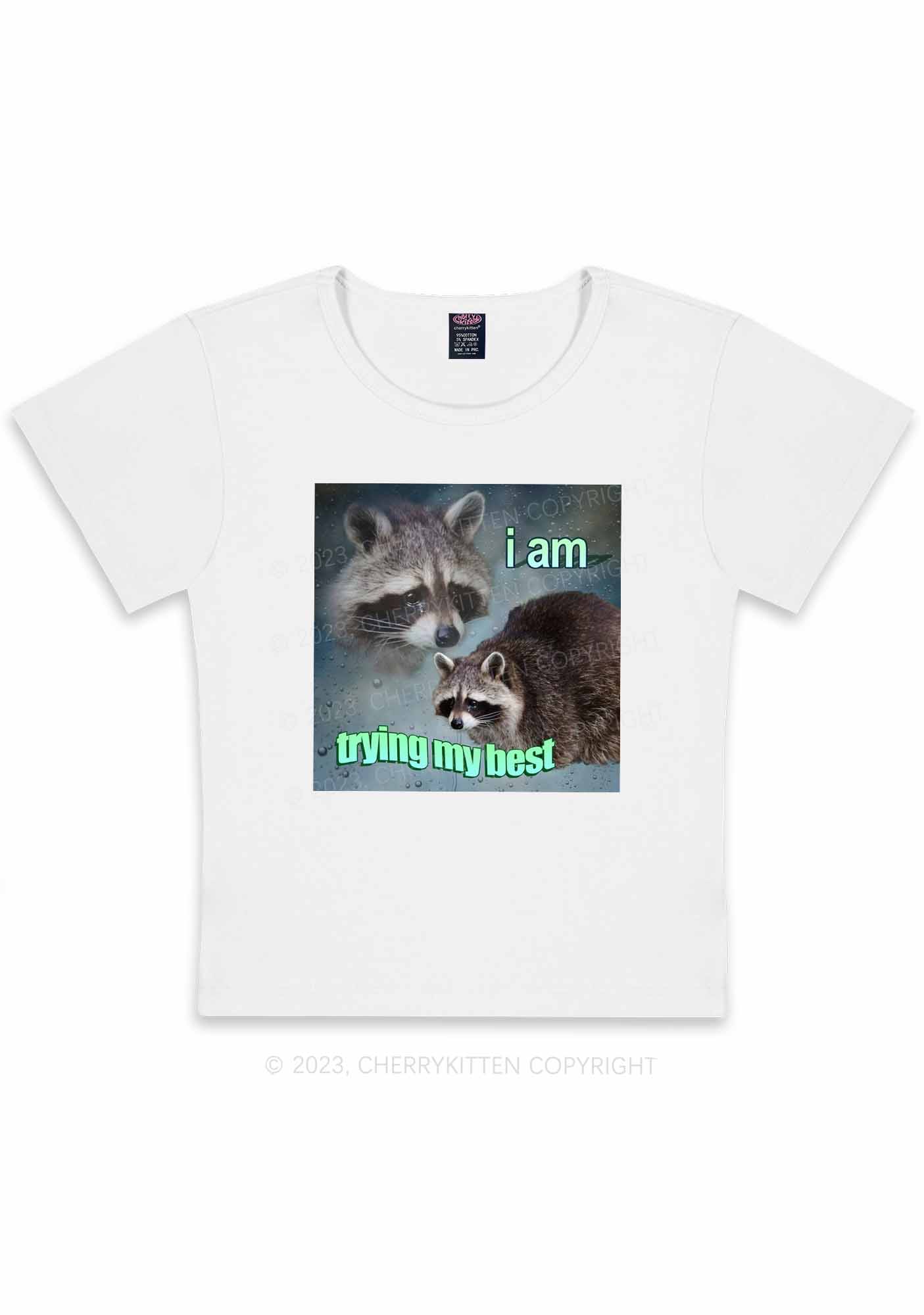 Curvy I Am Trying My Best Raccoon Y2K Baby Tee Cherrykitten
