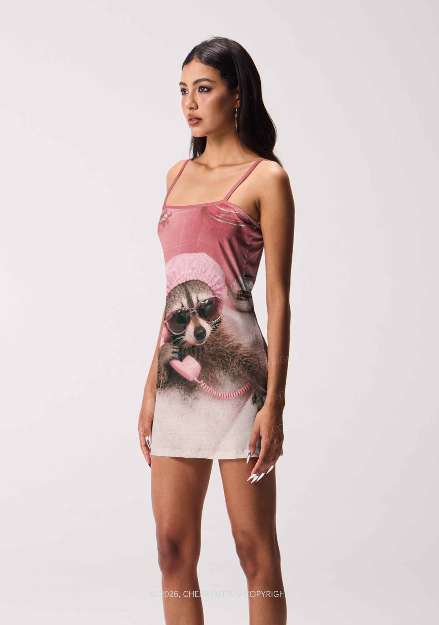 Pink Spa Raccoon Y2K Print Slip Dress Cherrykitten