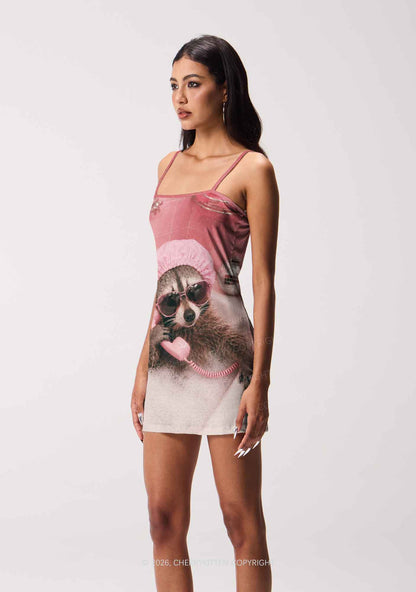 Pink Spa Raccoon Y2K Print Slip Dress Cherrykitten