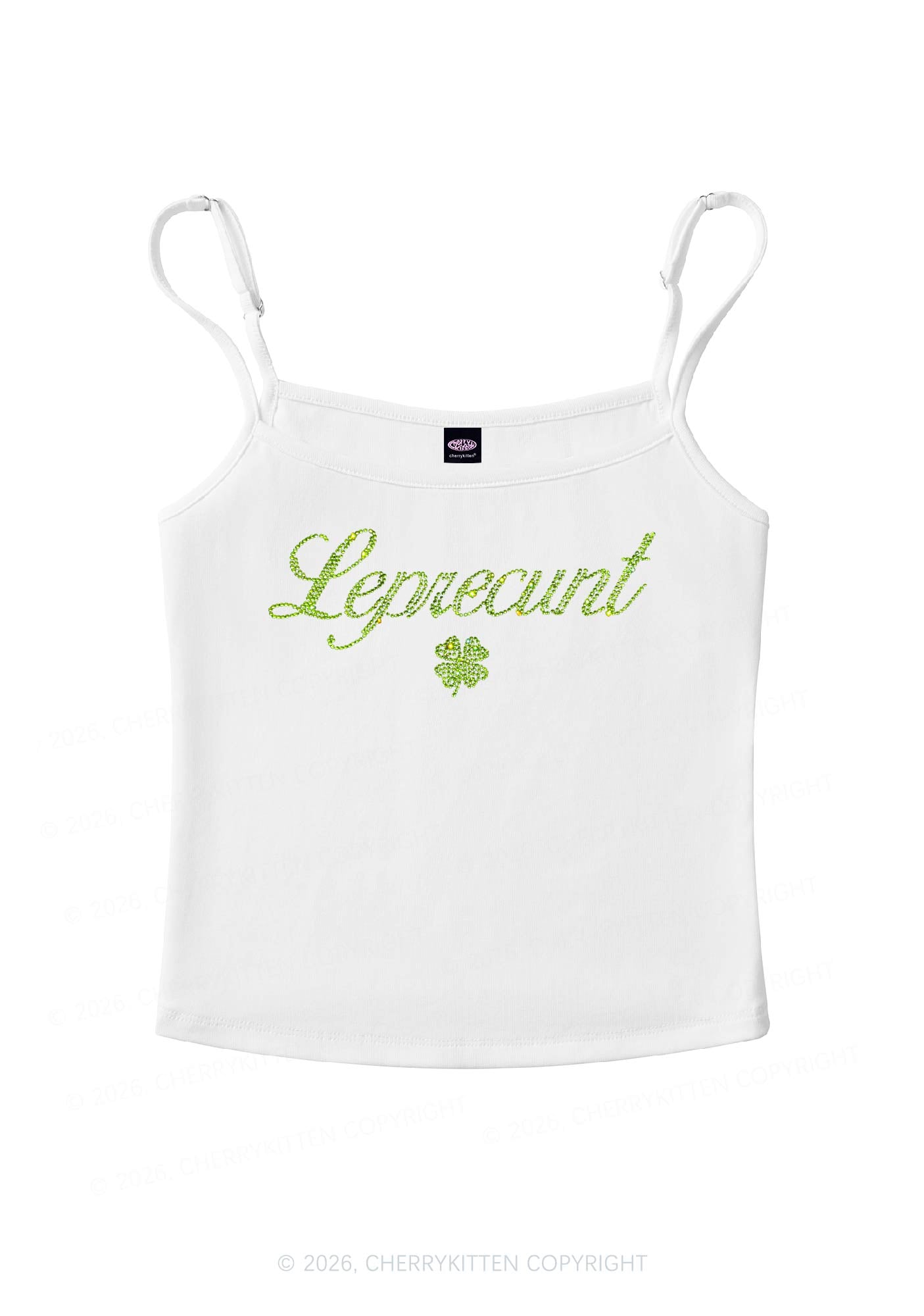Rhinestone Leprecunt St Patricks Y2K Spaghetti Strap Cami Cherrykitten
