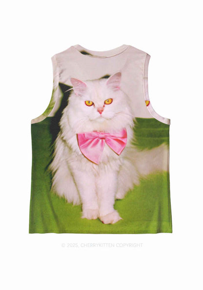 Pink Bow Cat Y2K Mesh Muscle Tank Cherrykitten