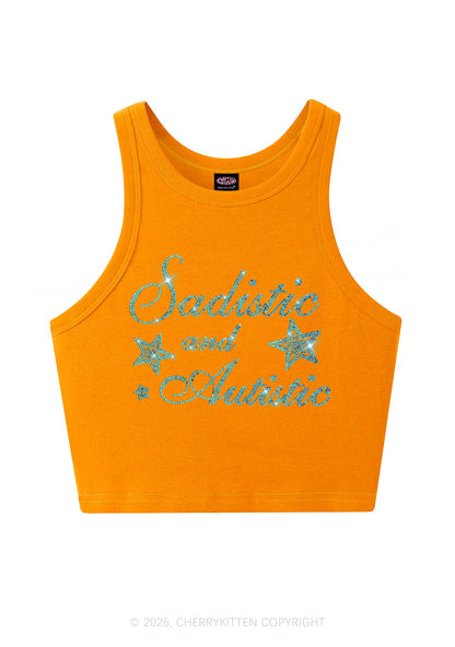 Rhinestone Sadistic And Autistic Y2K Crop Tank Top Cherrykitten