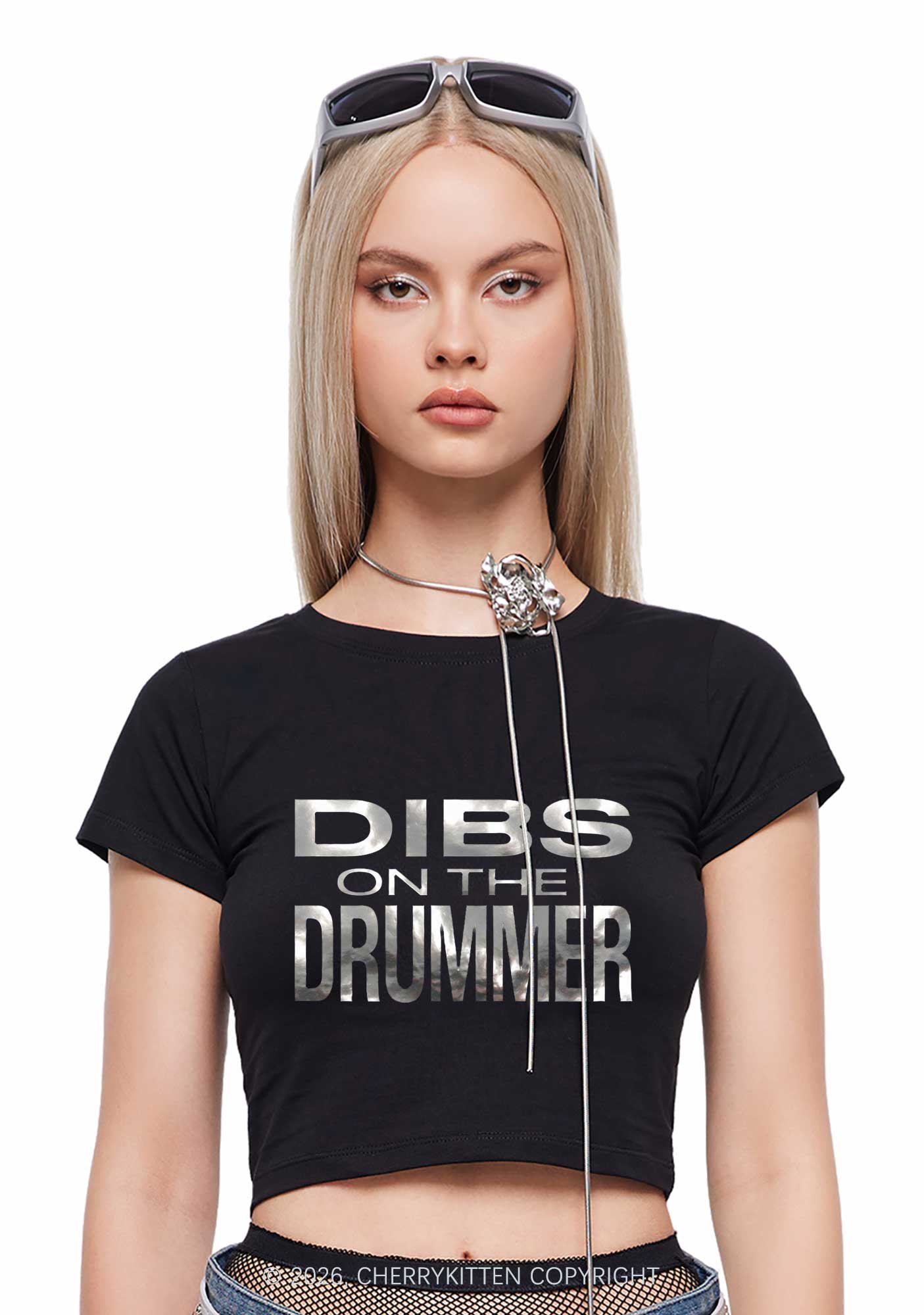Dibs On The Drummer Silver Foil Printed Y2K Baby Tee Cherrykitten