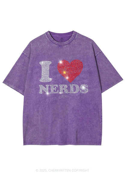 Rhinestone I Love Nerds Y2K Shirts Washed Tee Cherrykitten