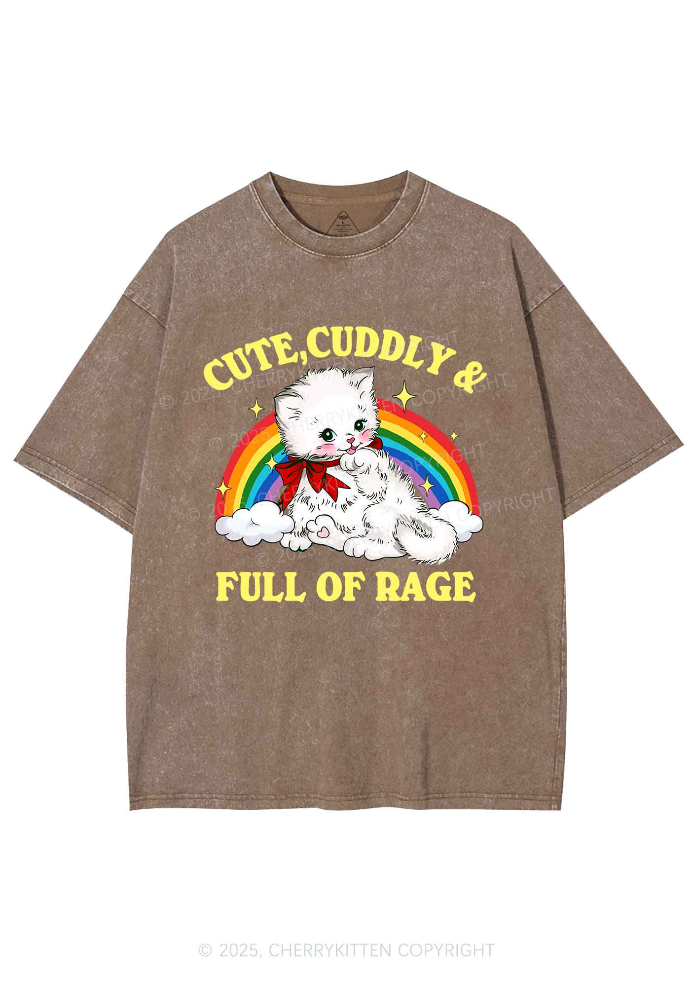 Cuddly Cat Full Of Rage Y2K Shirts Washed Tee Cherrykitten