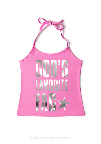 Gods Favorite Fag Pride Silver Foil Printed Y2K Halter Neck Cami Cherrykitten