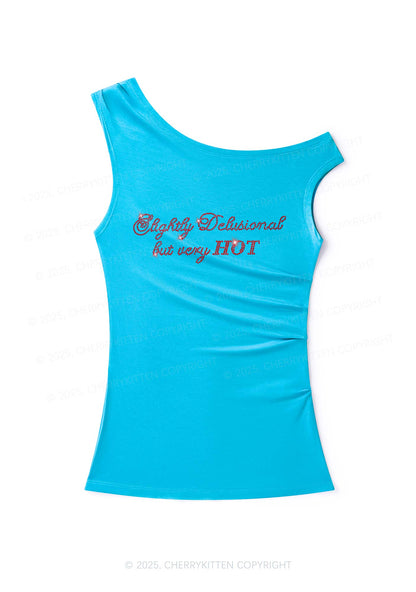 Rhinestone Slightly Delusional But Very Hot Y2K Off Shoulder Tank Top Cherrykitten