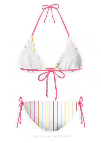 Rainbow Stripe On White Y2K Print Bikini Set Cherrykitten